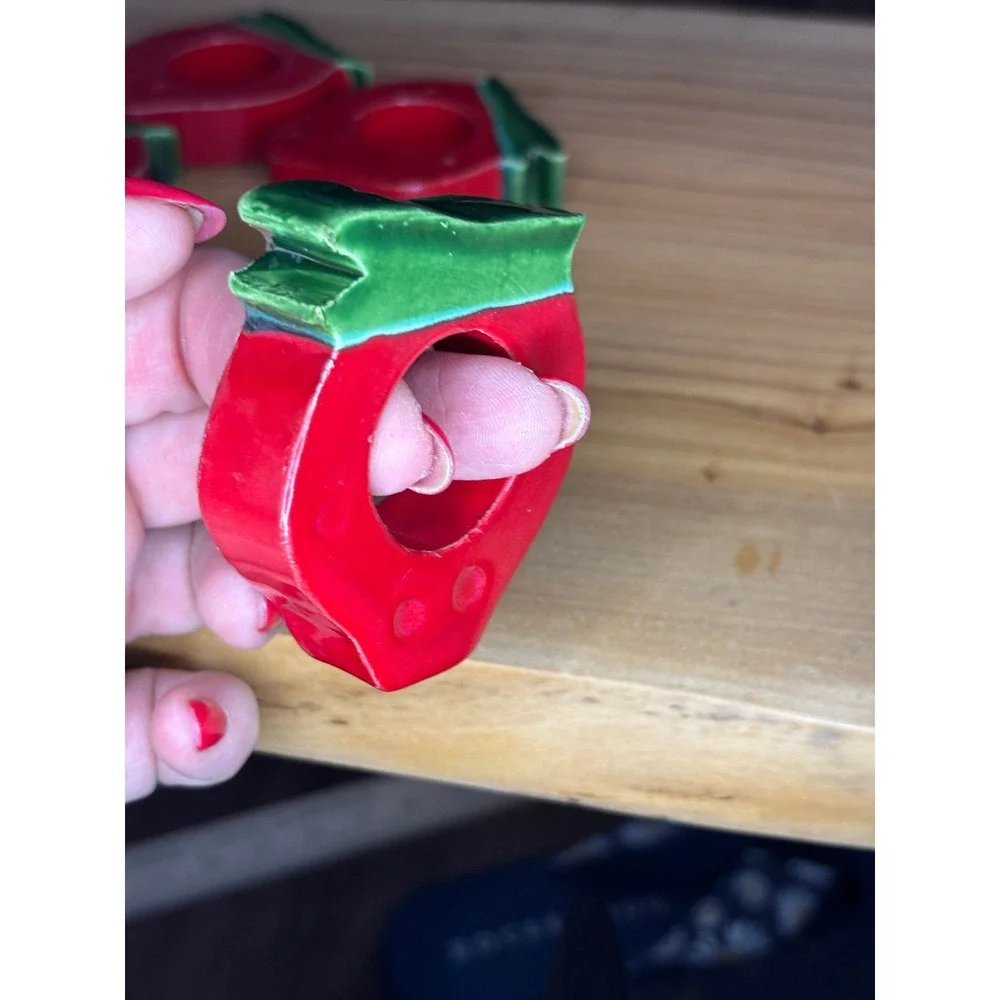 Vintage Ceramic Strawberry Napkin Rings Red Green Fruit Table Decor Set of 4
